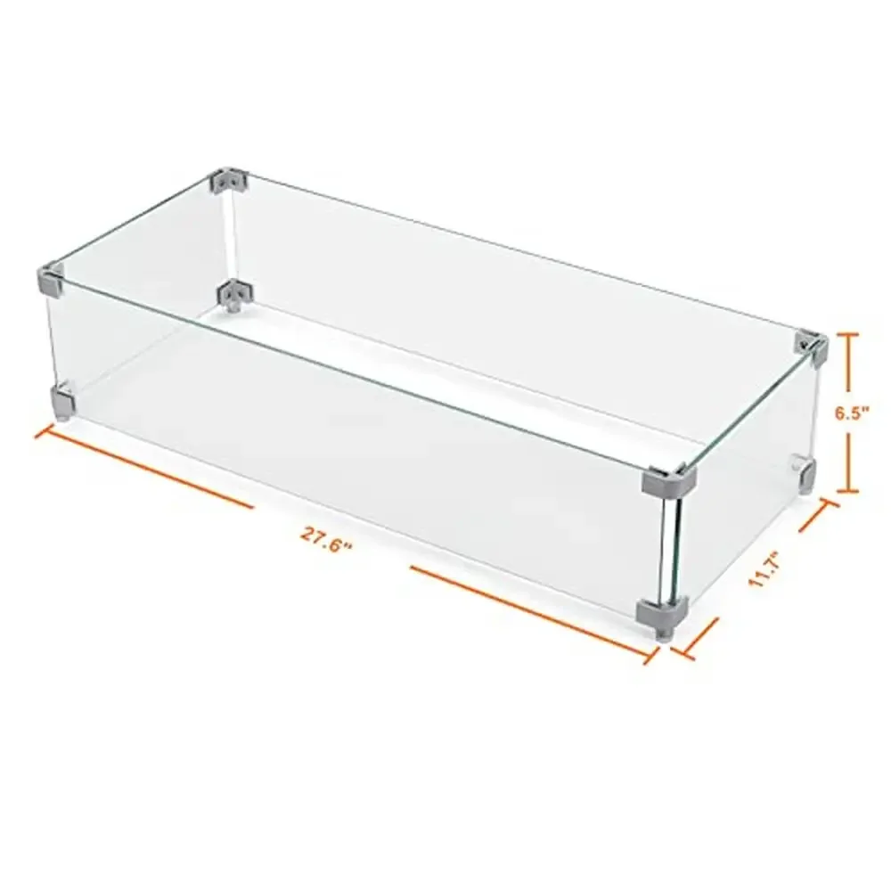 Rectangular Glass Fire Pit Wind Guard Small Outdoor Fire Pits Durable Tempered Glass with Polished Aluminum Brackets Sturdy