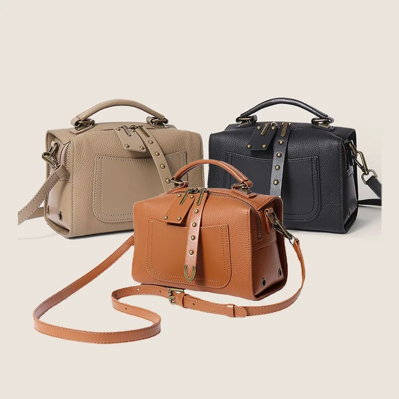 Vintage Boston Handbag Female Shoulder Crossbody Women Genuine Leather Bags Simple High Quality Tote Bag Ladies Bag Pillow Bags