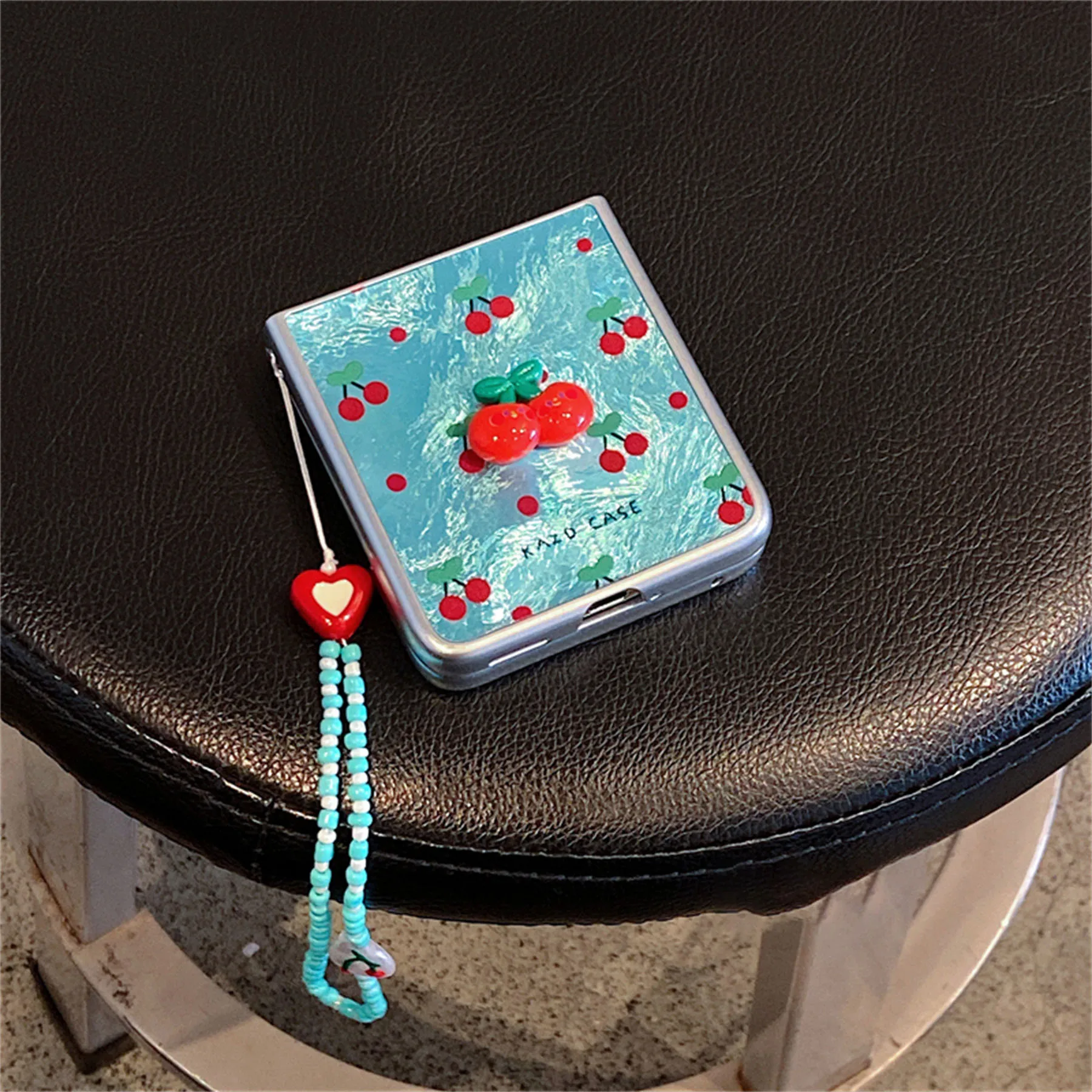 Cherry Glacial Pattern Phone Case with Pendant - Cute Full Screen Design
