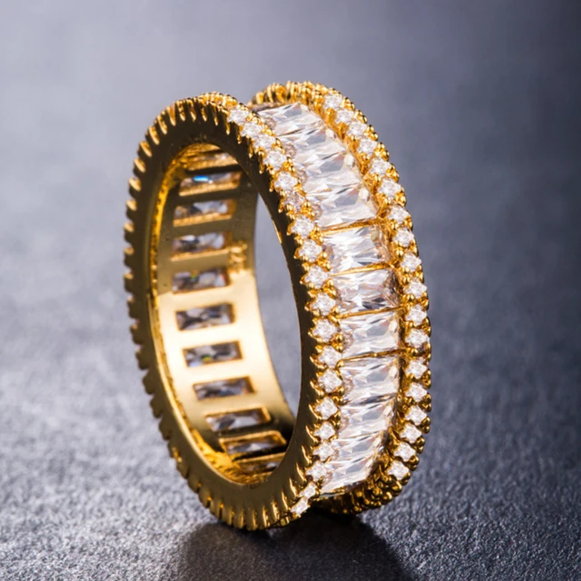 Handmade Eternity Promise Gold Crystal Ring AAA CZ Zirconia Engagement Wedding Band Rings for Women Men Finger Party Jewelry C