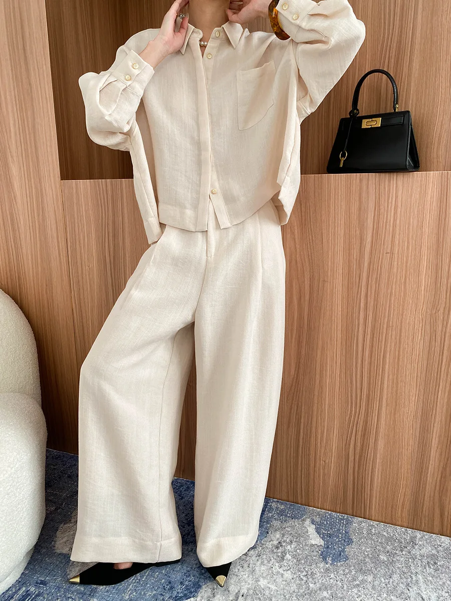 Spring and Autumn Women's Casual Solid Color Collar Long Sleeve Pocket Decoration Loose Shirt+High Waist Wide Leg Pants Set 2
