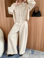 Spring and Autumn Women's Casual Solid Color Collar Long Sleeve Pocket Decoration Loose Shirt+High Waist Wide Leg Pants Set 2