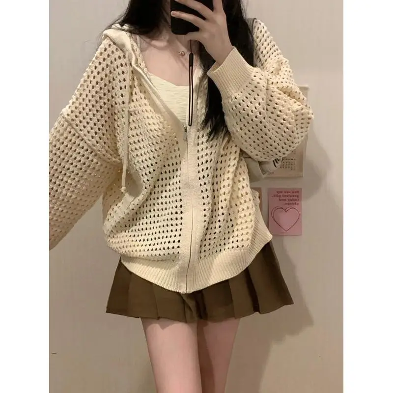Off-white cut-out design hooded over thin spring and summer lazy sweatshirt zipper knit cardigan top for women