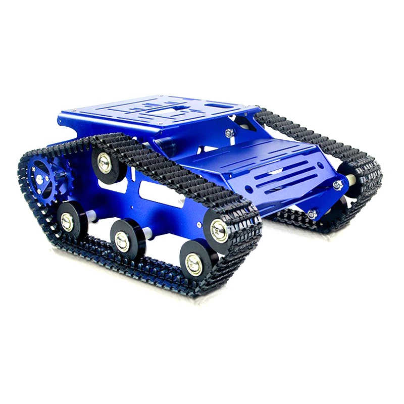 Robot Tank RC en action sur une surface plane, avec chenilles et capteurs infrarouges visibles.