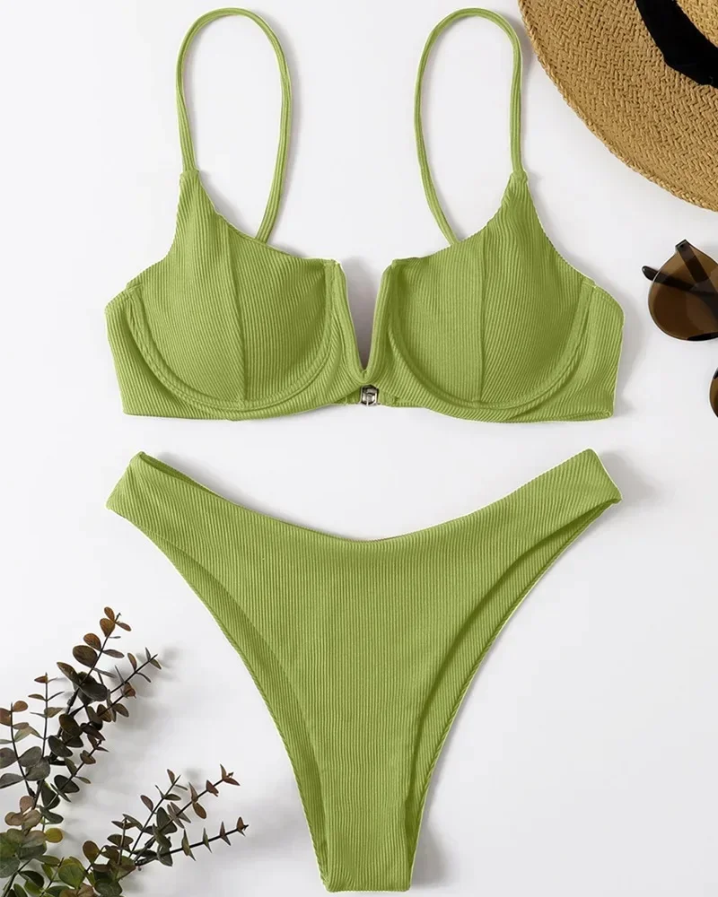 Sexy Ribbed Underwired Swimsuit Women Solid Color V-neck Push Up Padded 2-piece Bikini High Cut Bathing Suit Beach Swimwear