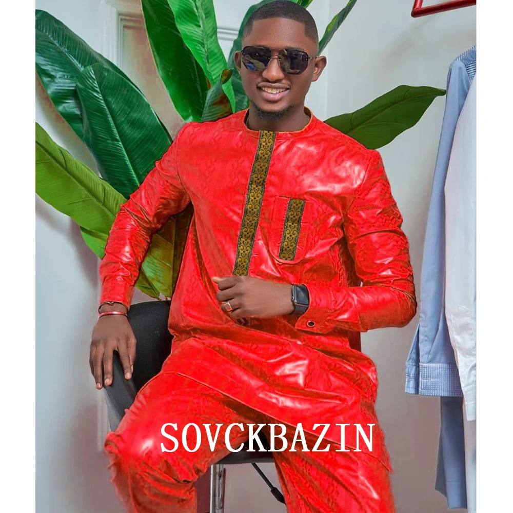 Bazin Riche FP6424-1 Ensemble De Vêtements Africains Pour Homme 2 Pièces Avec Chemise Et Pantalon Hip Hop à Manches Longues Et Pantalon Dashiki Africain Traditionnel Pour Homme