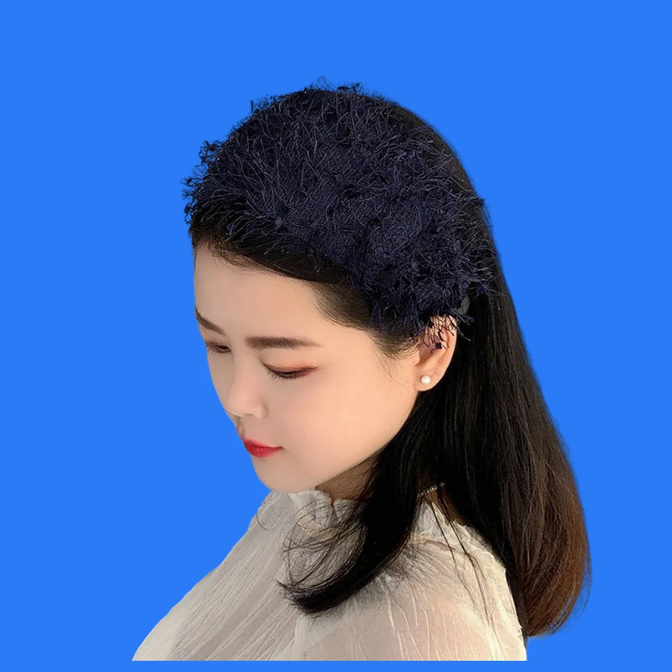 Französisch Stil Retro Stirnband Diadema Haarband schwarz Haarband breite Krempe pelzigen Stil Abdeckung grau Haar Accessoires für Frauen – Detail 4