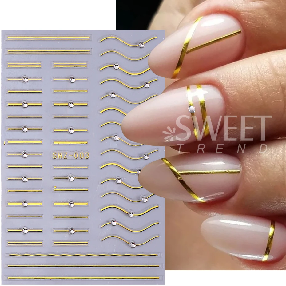 2pcs French Stripe Line Rhinestone Nail Stickers Decals 3D White Gold Irregular Metallic Line Adhesive Sliders Manicure Decor