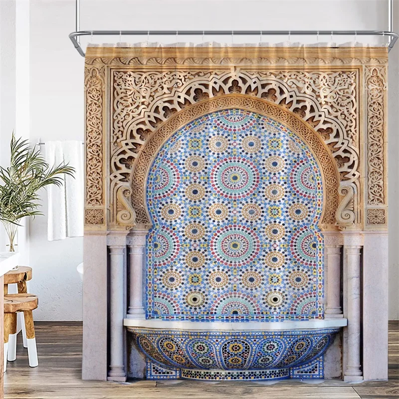 Rideau de Douche Marocain Vintage, Fontaine Architecturale Rétro, Mur de Style Ethnique, Décor de Maison avec Crochets