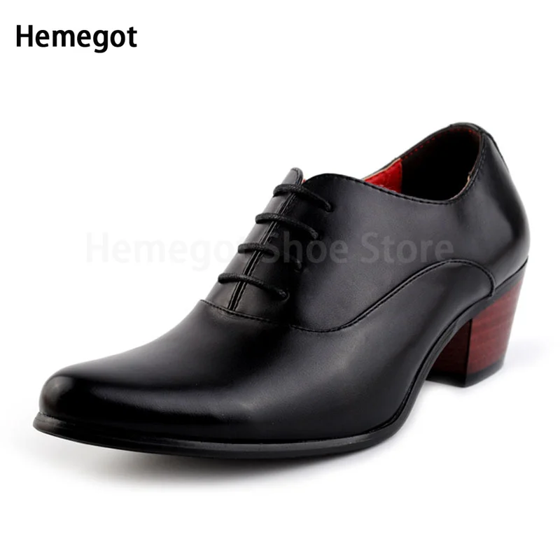 Thick Heel Lace Up Men's Leather Shoes British Pointed Toe High Heels Spring and Autumn High Heel Casual Trendy Shoes for Men