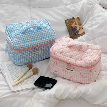 Nuovo cartone animato fiocco nodo tote trucco borsa con cerniera borsa da donna trapuntata di grande capacità borsa da toilette borsa cosmetica portatile carina