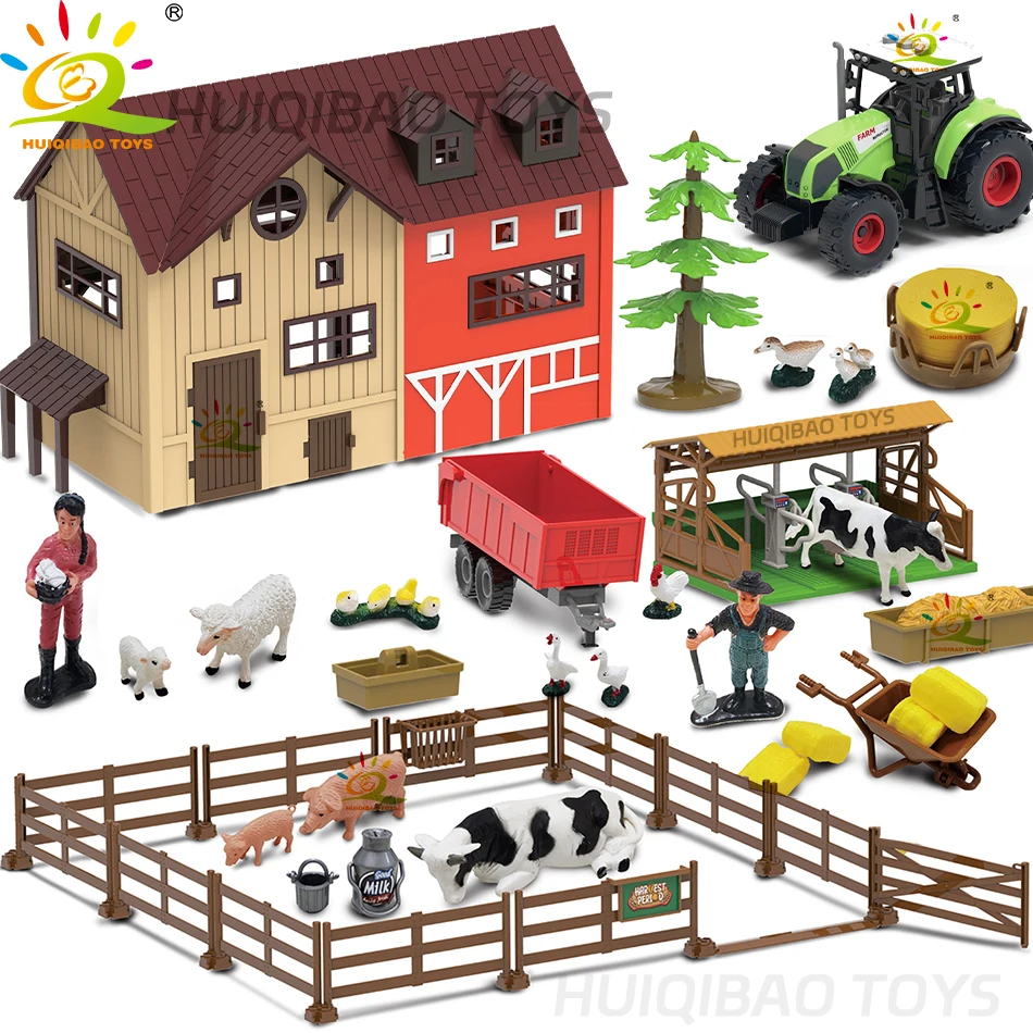 HUIQIBAO Simulation DIY Farm Playing house Fence Scene Toy Trees Animals Model Miniature Craft Home Assembly Decoration Gift