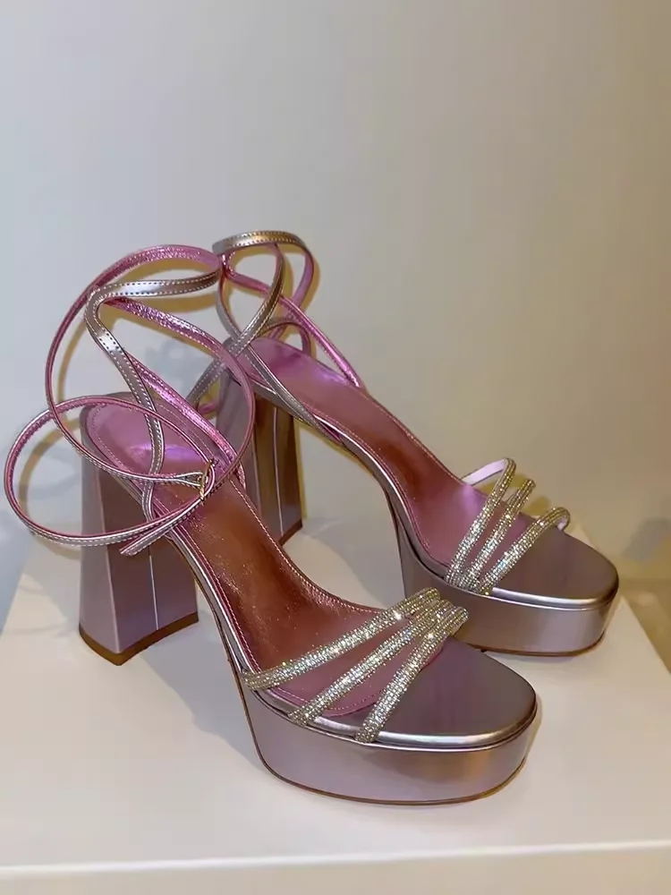 

Princess Silk Rhinestone Pink Heels Dress Prom Sexy Cross-Strap Pumps Runway Open-Toe Chunky Heel Sandals 2024 Summer Lady Shoes