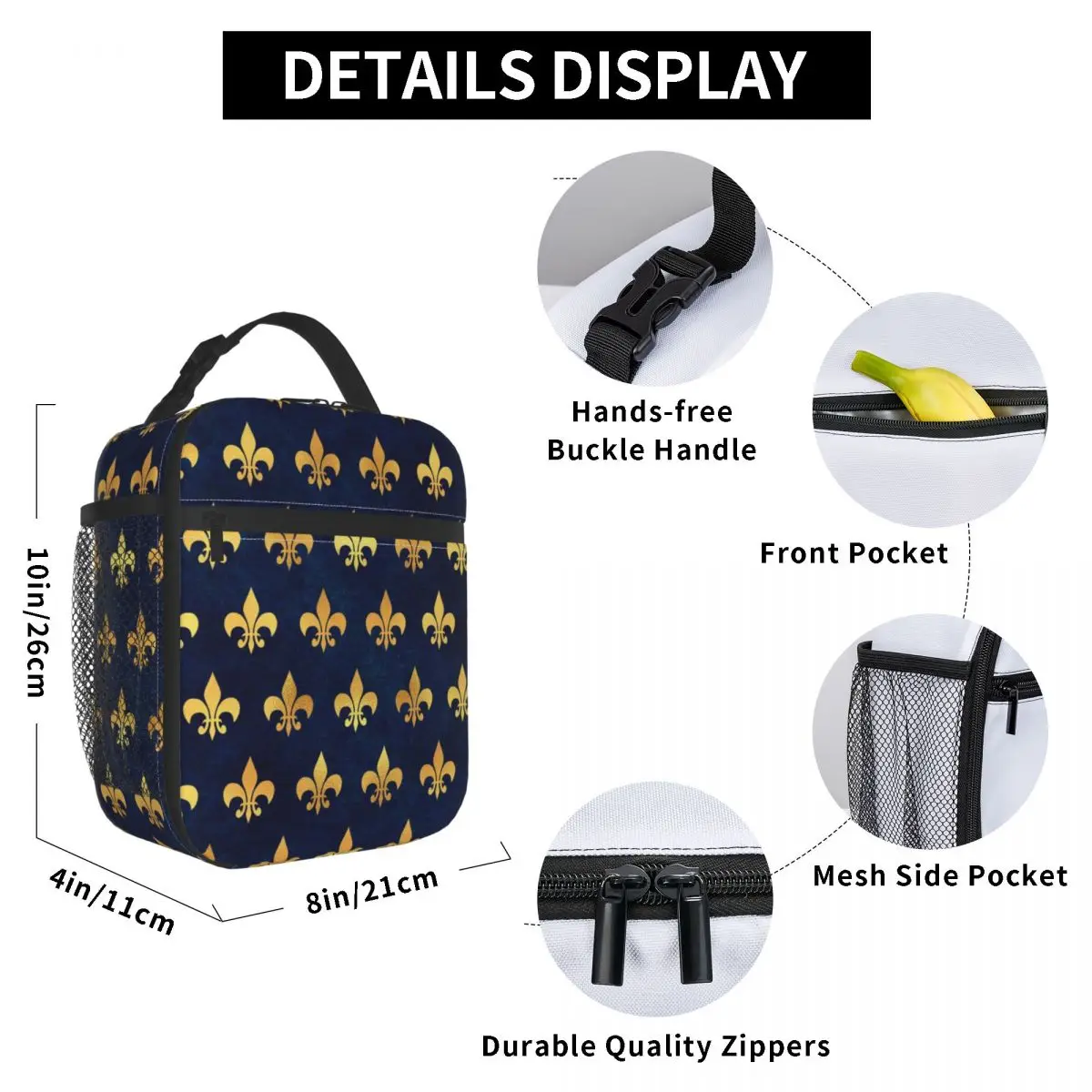 Royal Gold Blue Grunge Fleur De Lis Lily Flower Insulated Lunch Bag for Outdoor Picnic Cooler Thermal Bento Box Women Kids