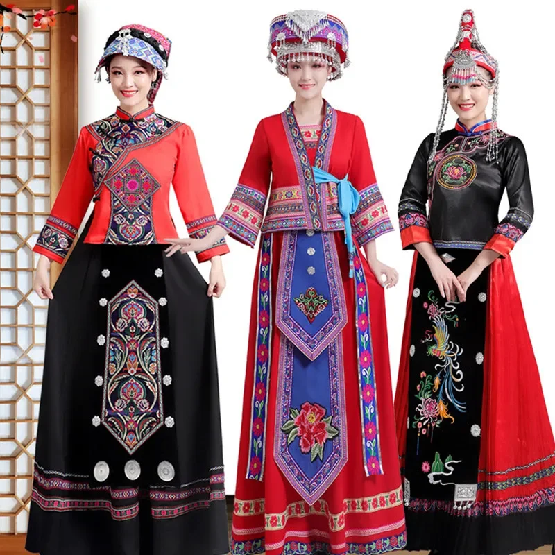 

Red Chinese Traditinal Clothes For Women Ethnic Minorities Dance Wear Costumes Suits Singer Clothes Old Time High Quality