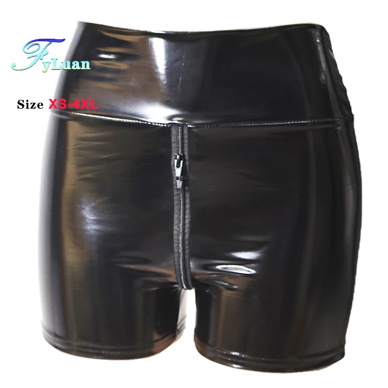 Red Shine PU Double Zipper Women Shorts Butt Lift Slim Shorts Vintage High Waist Elastic Tights Pants Pole Dance Clubwear