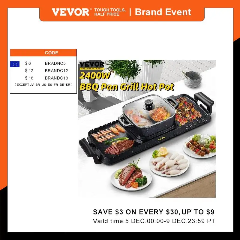 Vevor 2in1 Electric Bbq Pan Grill Hot Pot 2400w Multifunction Home
