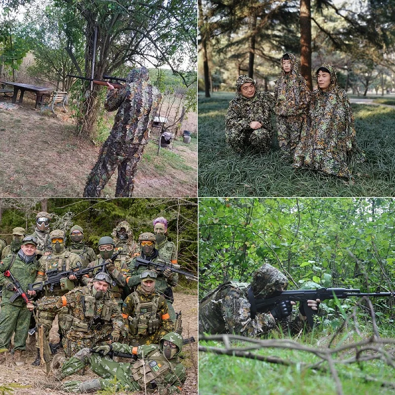 Ghillie Suit Men Women Kids Outdoor Ghillie Suit Camouflage Clothes Jungle Suit CS Training Leaves Clothing Hunting Pants Hooded Jacket