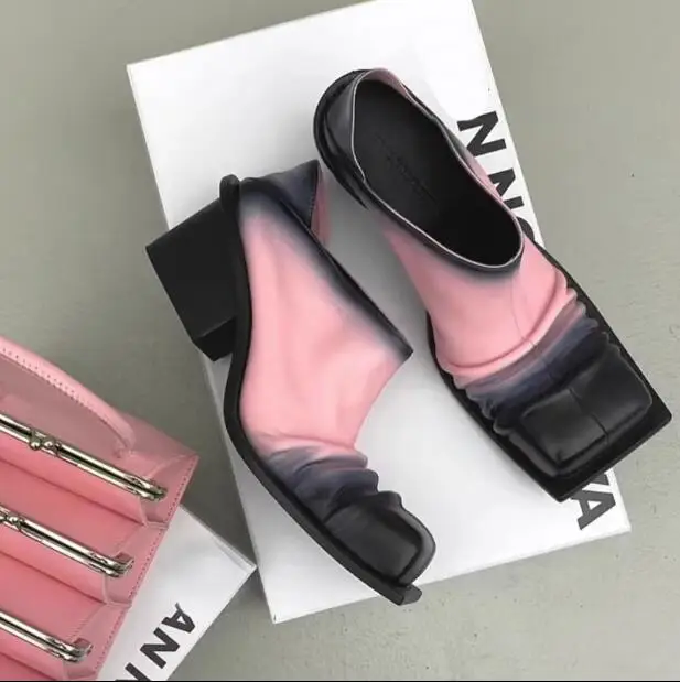

2023Women's New Square Toe Gradient Color Slip-On Muller Shoes Retro Style Color Matching Thick-Soled High-Heeled Leather Shoes