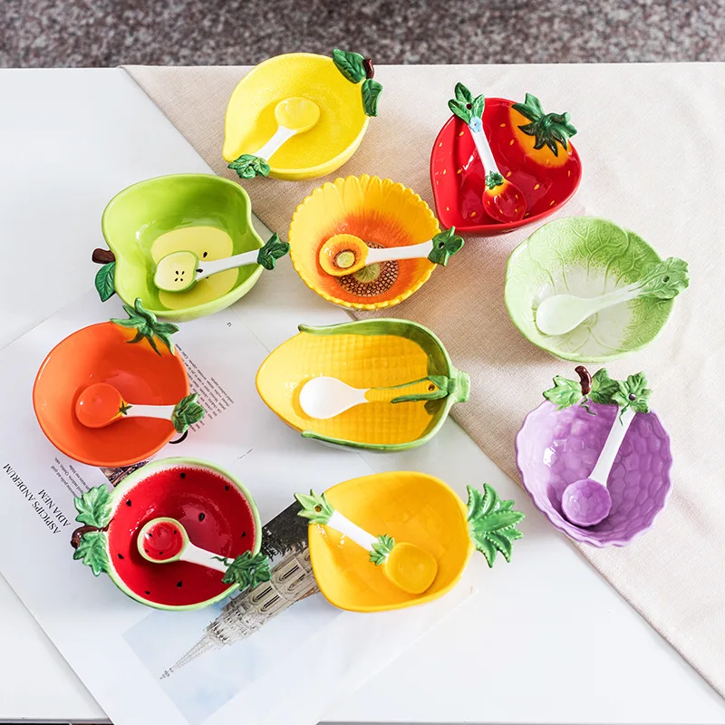 Salad Bowl Creative Strawberry Mug Household Kitchen Fruit Dessert Ceramic Bowl Spoon Children's Cartoon Fruit Shaped Tableware