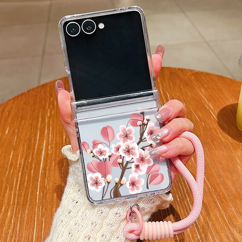 Wrist Strap Floral Pattern Phone Case with Lanyard - Clear Cover