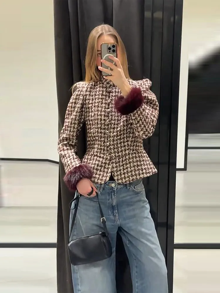Fashion Women Stand Collar Tweed Jacket Elegant Long Sleeve Faux Fur Cuffs Coat 2026 Spring New Single Breasted Outerwear Street 5