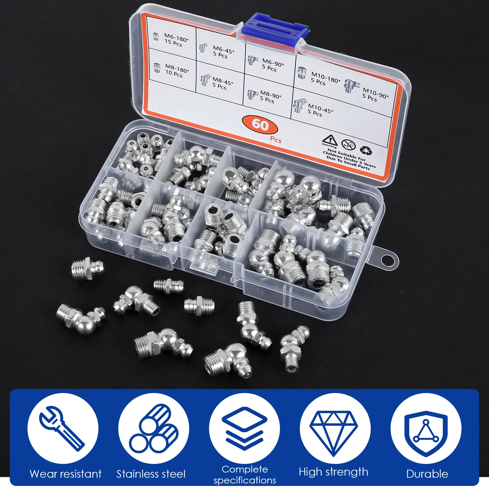 60/120Pcs Metric Grease Fitting Kit 9 Type Galvanized Metal Hydraulic Grease Zerk Assortment Set M6-M10 for Vehicle Nozzle Fuel