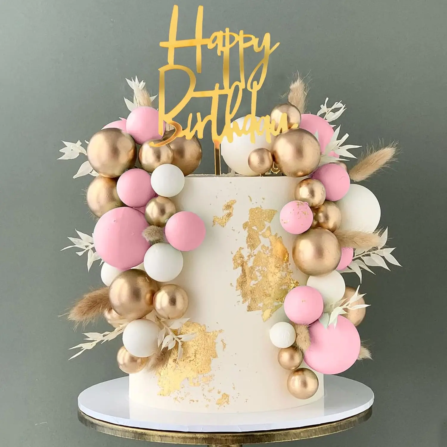 39 Stück Khaki-Kugeln, Tortenaufsatz, Boho-Gras-Kuchenaufsatz, Khaki, Weißgold, Perlenkugeln, alles Gute zum Geburtstag, Kuchendekorationen für Hochzeit – Detail 25