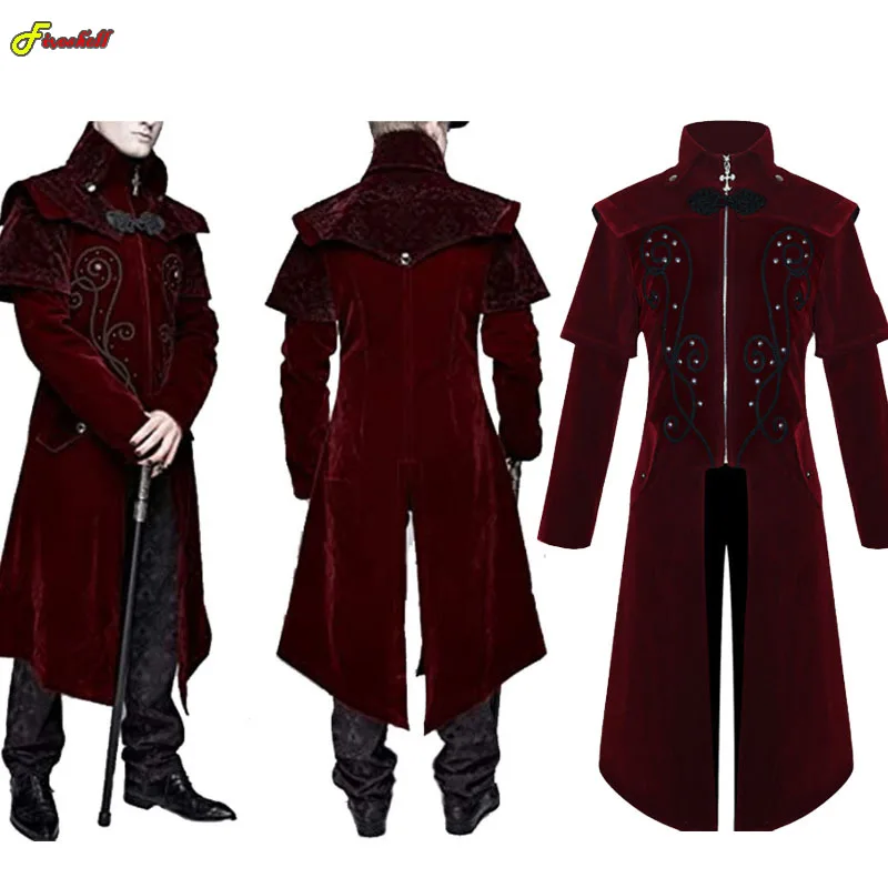 Men's Gothic Medieval Steampunk Castle Vampire Devil Red Coat Cosplay Costume Victorian Luxury Tuxedo Suit Trench Jackets