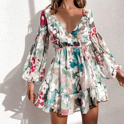 Vestido de gasa con estampado Floral para mujer, traje de gasa con cuello en V, cuello Halter, manga larga acampanada con volantes para fiesta 2022