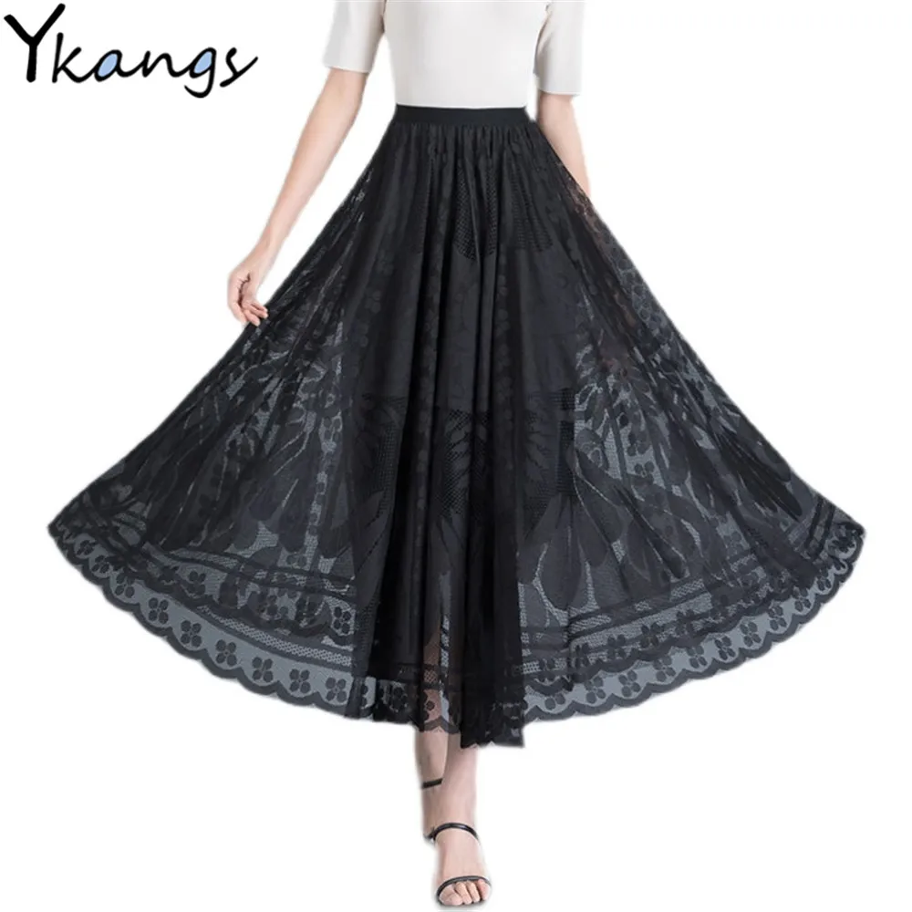 Elegant High Waist Lace Skirt Women\'S New A-Word Black Long Skirt Office Ladies Big Swing Gauze Hollow Pleated Skirt Streetwear