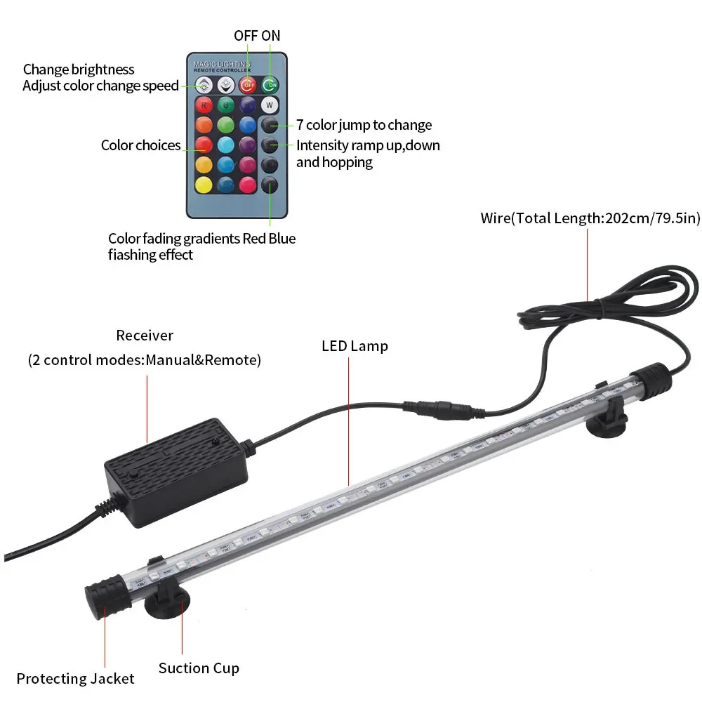 RGB Aquarium light 18-57cm Remote control diving lamp Colorful lamp 90-260v for plants Fish tank essential Amphibious use aquarium light aquarium lamp