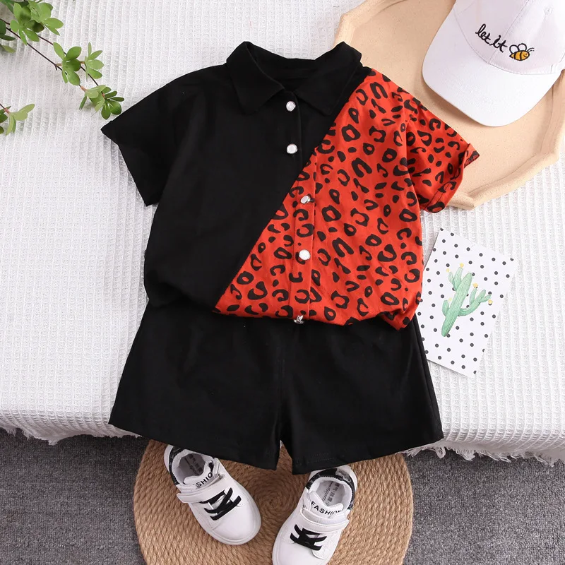 

2023 New Summer Girls Korean Polo Short Sleeve Sets Printed Leopard Pattern Splice Top+Casual Shorts 2pcs Toddler Girl Clothes