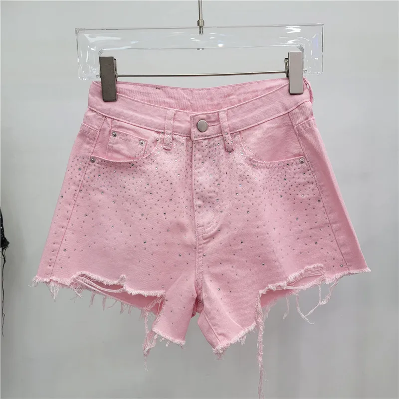 French Heavy Ripped Denim Shorts Women 2024 Summer New Fashion High Waist Slimming Color Rhinestone Hot Girl Wide Leg Hot Pants