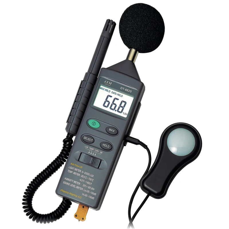 

CEM DT-8820 4 in 1 Multifunction Environment Meter Sound Level Meter, Light Meter, Humidity Meter, and Temperature Meter
