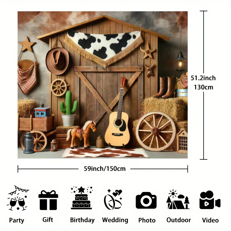 Hintergrund einer ländlichen westlichen Bauernhofparty, ausgestattet mit Heuhaufen und Wagenrädern, geeignet für Geburtstage und Einweihungsparty – Detail 6
