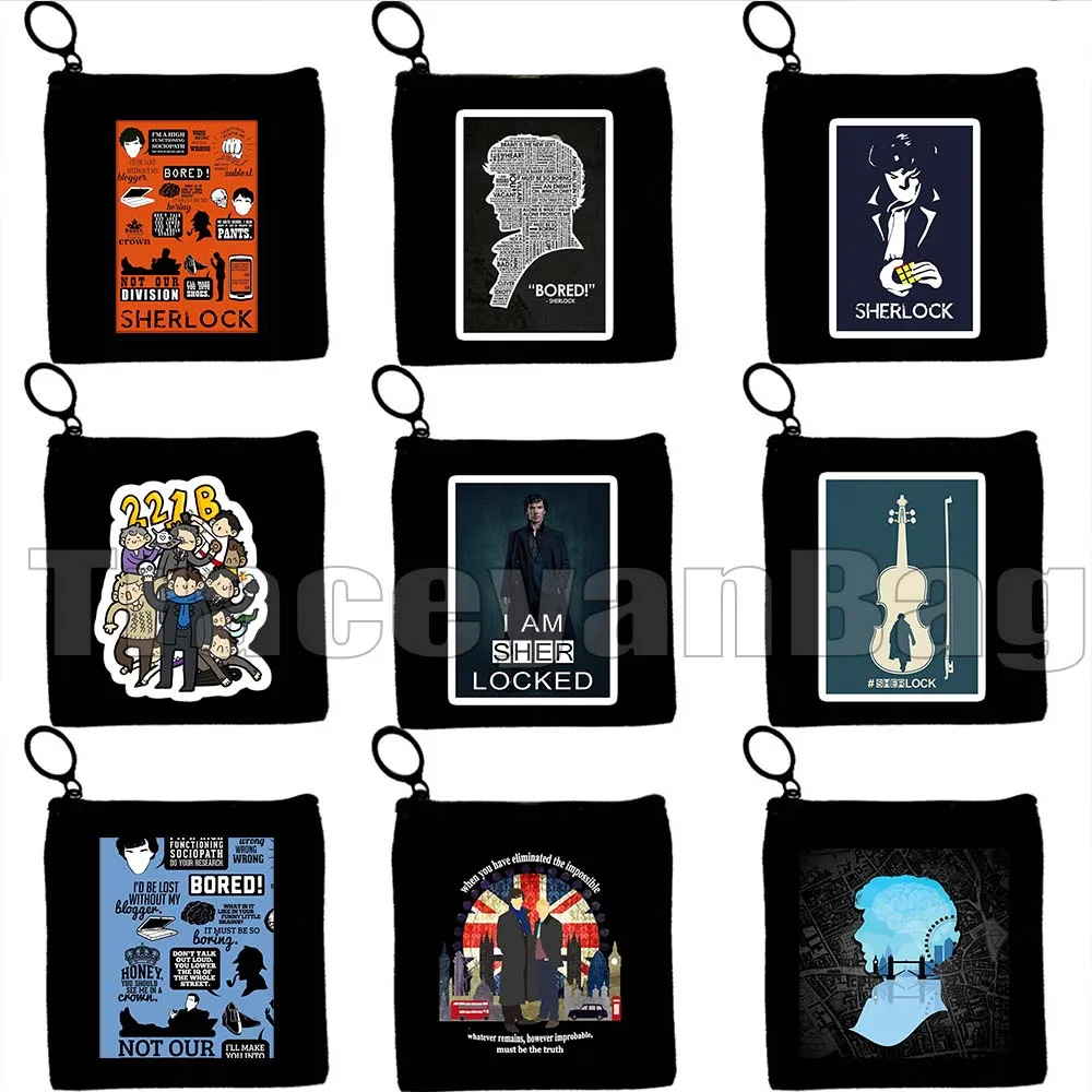 Retro Tv Show Sherlock Silhouette Benedict Cumberbatch Gift Canvas Coin Purse Bag Small Square Key Storage Card Bag Wallet Pouch