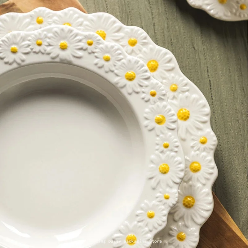 Ceramic Embossed Little Daisy Plate Dinner Household Dishes Rice Soup Bowl Meal Plate Bakeware Kitchen Tableware 1pcs
