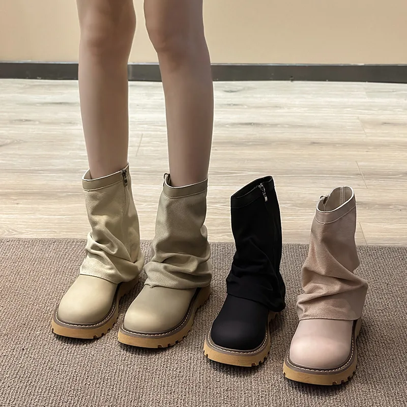 

Ботинки на платформе в британском стиле, повседневные ковбойские ботинки с круглым носком, на высоком каблуке и толстой подошве, осень 2023, Новые короткие ботинки в стиле ретро туфли