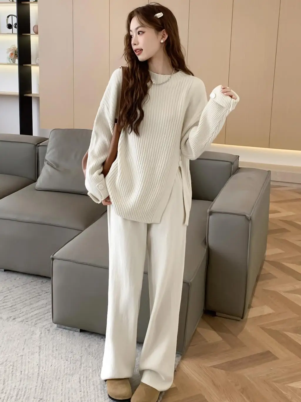 Women's Knitted 2-Piece Set Tracksuit Autumn Winter O-neck Pullover Sweater Wide Leg Pants Harajuku Warm Solid Casual Suit New