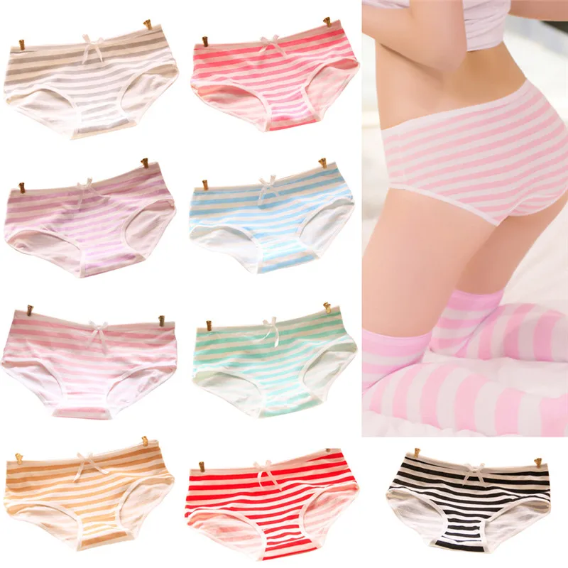 Women Lovely Cute Underwear Stripes Bow Cotton Briefs Panties Hipster  Underpants