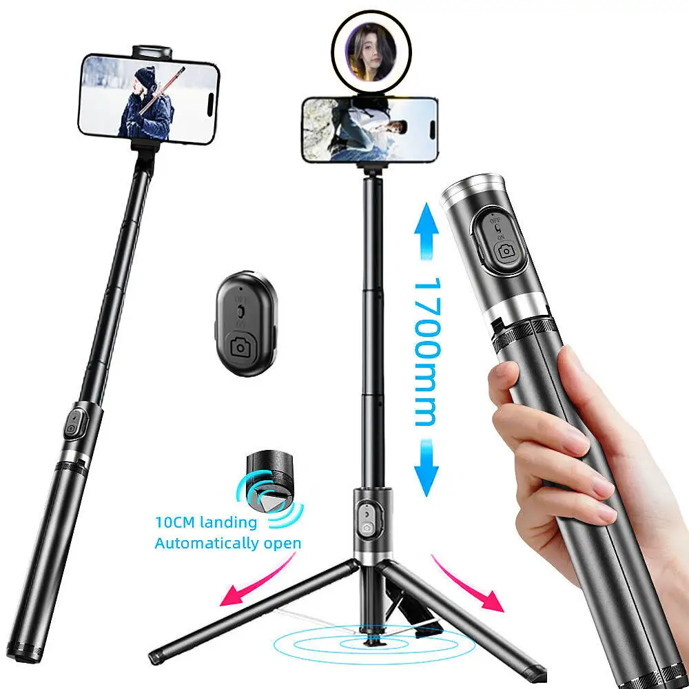 Auto Pop-Open Selfie Stick Tripod with Bluetooth Remote and Optional Fill Light