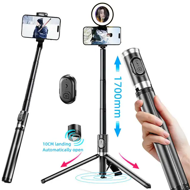 Auto Pop-Open Selfie Stick Tripod with Bluetooth Remote and Optional Fill Light