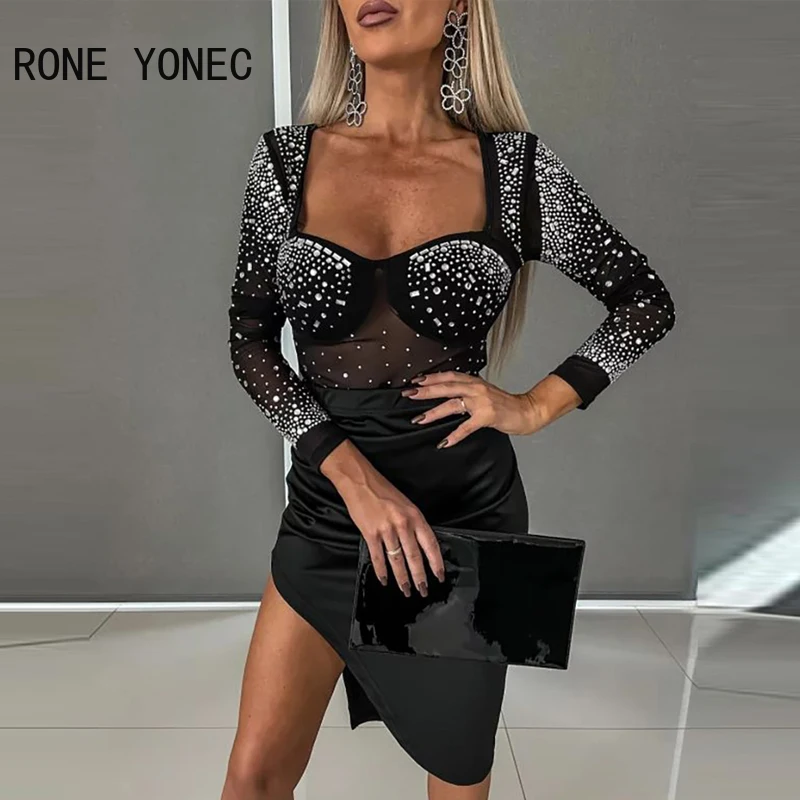 

Women Solid Rhinestone Mesh Patchwork Long Sleeves Asymmetrical Bodycon Mini Dancing Dresses