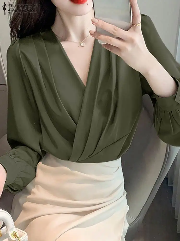 

Стильная блузка ZANZEA с V-образным вырезом и длинным рукавом, элегантная женская офисная рубашка, повседневные праздничные блузы, модные однотонные топы, Женская туника