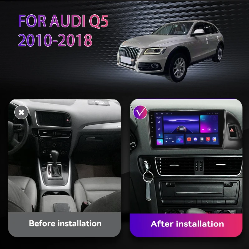 Autoradio Android 9 Pouces Pour Audi Q5 2010-2018 – CarPlay/Android Auto Sans Fil, 6Go RAM, 128Go, GPS, DSP