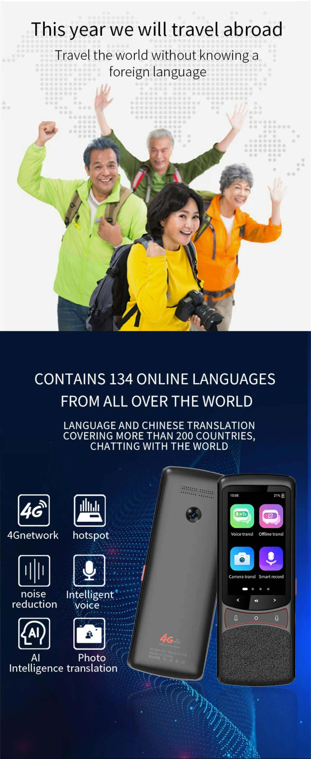 Z3 Tradutor Inteligente de Voz, 4G, Suporte 134 Idiomas, Gravação de Fotos,  Tradução Inteligente, Viagem a