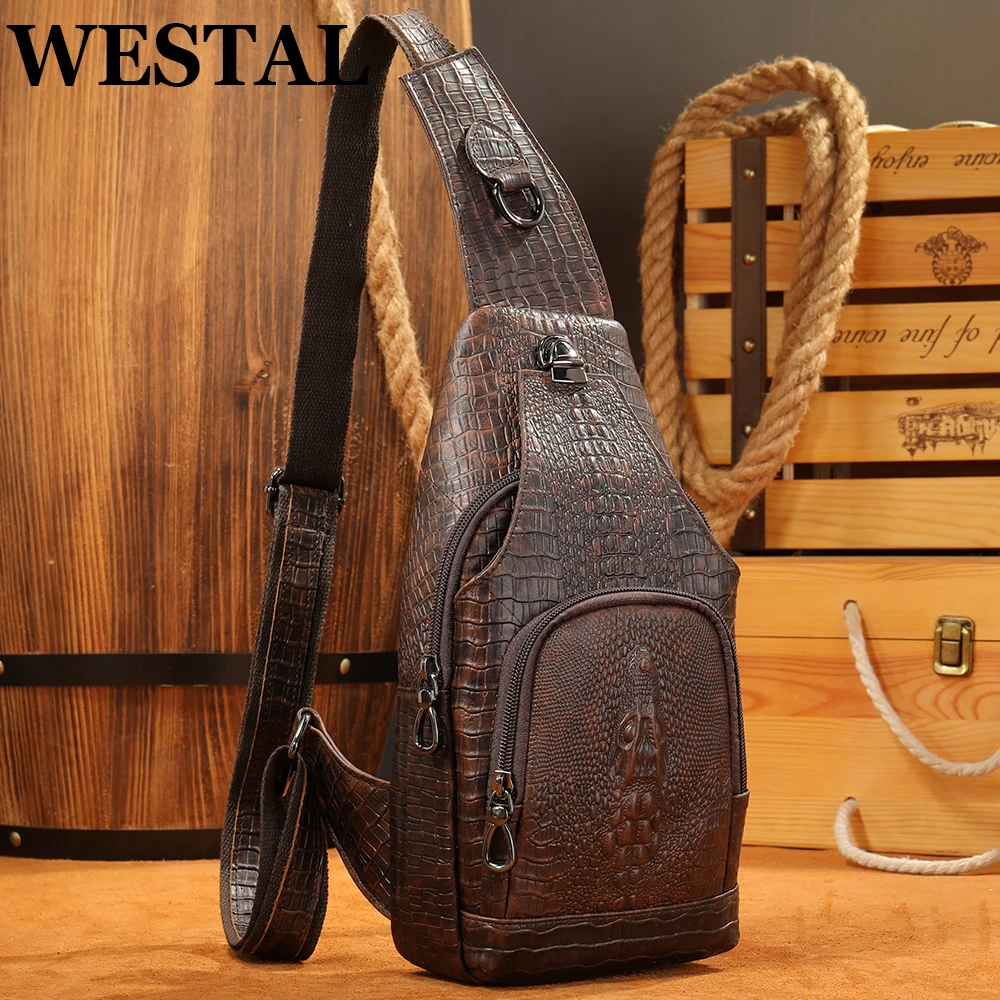 Westal Echt Leer Sling Bag Anti-Dief Crossbody Persoonlijke Pocket Bag Borst Schoudertas Voor Reizen Wandelen Croco Ontwerp tassen