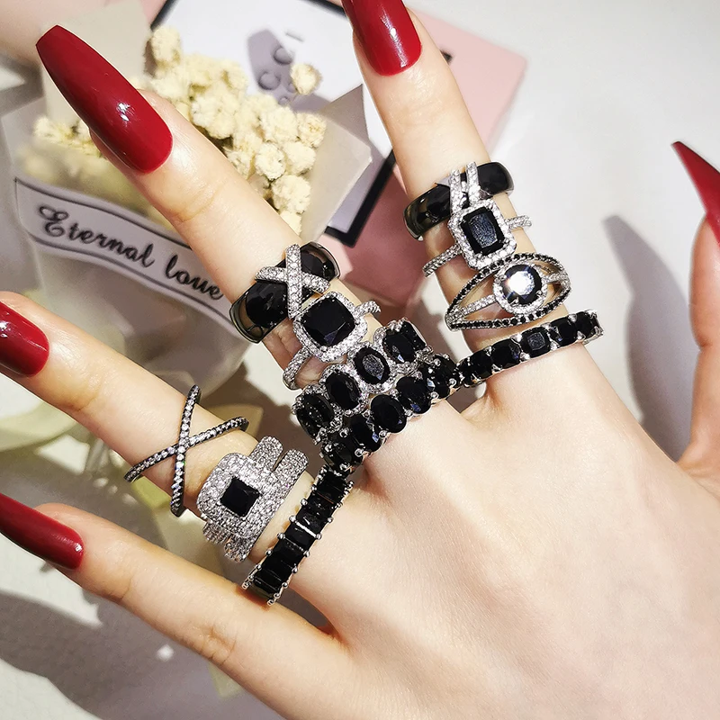 Silver ring wedding rings silver rings New Luxury Fashion Real silver color bride Black Engagement Wedding Ring Set Band Eternity for Women Men Gift Jewelry Z12