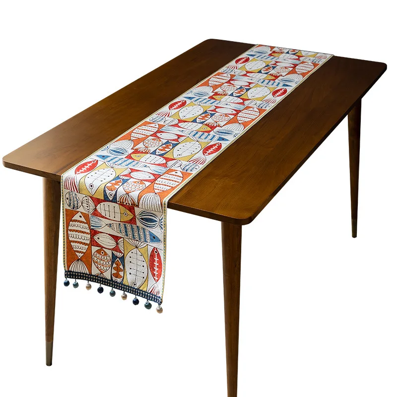 Retro Fish Table Runner Chenille Tassel Table Flags Nordic Pattern Runners Home Decorative Cloth for Dining Room